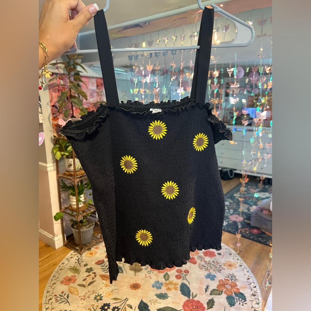 Y2K Black Sunflower Embroidered Tank Top Size XXXL